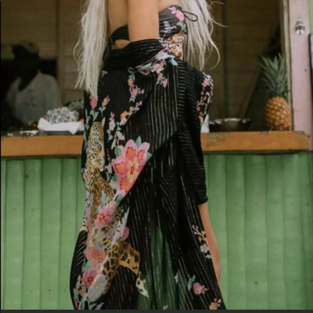 Spell Black Floral & Leopard Print Kimono Robe with Pink Accents